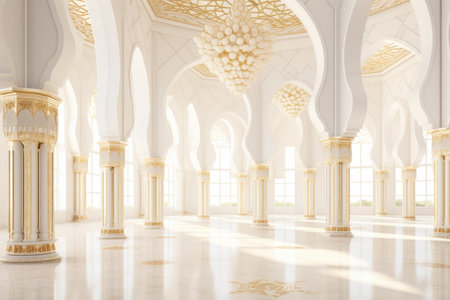 White Golden Luxury Palace Mosque Interior with Sunny Windows and Columns.の素材