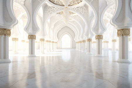 White Golden Luxury Palace Mosque Interior with Sunny Windows and Columns.の素材