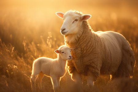 Beautiful Portrait of Little Lamb with Mother at Sunsetの素材