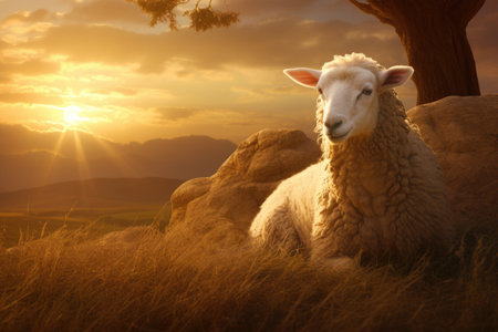 Sheep Resting on Grass at Sunsetの素材