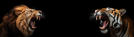 Lion and Tiger Arguing Isolated on Black Background, Business Meeting Concept Banner.の素材