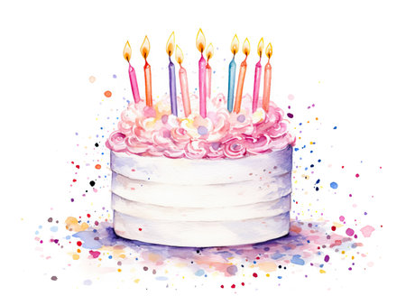Watercolor Birthday Cake with Ten Candles and Flowers Isolated on White Background. Birthday Celebration Cakeの素材