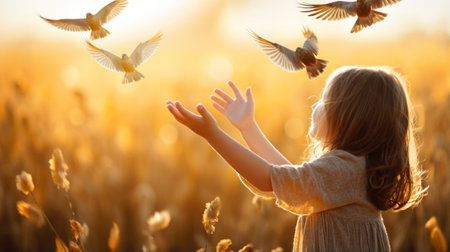 Girl Child with Hands Up During Sunset Enjoying Nature and Flying Birdsの素材