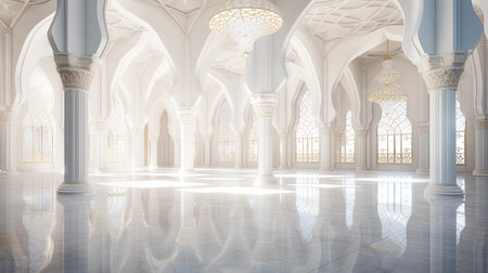 White Golden Luxury Palace Mosque Interior with Sunny Windows and Columns.の素材