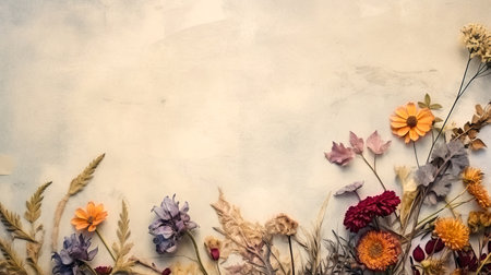 Autumn Dried Flowers Frame on Retro Paper Texture Top View Mock Upの素材