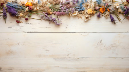 Autumn Dried Flowers Frame on Retro Wood Texture Top View Mock Upの素材