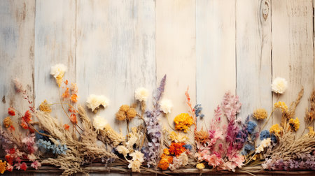 Autumn Dried Flowers Frame on Retro Wood Texture Top View Mock Upの素材