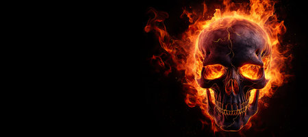 Skull in Fire Isolated on Black Bannerの素材