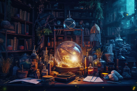 Witch Magical Dark Interior with Glowing Ballの素材