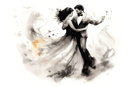 Graphic of Man and Woman in Elegant Waltz Dance. Ink Painting in Black, White and Orange.の素材