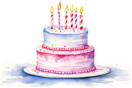 Watercolor Birthday Cake with Candles Isolated on White Background. Birthday Celebration Cakeの素材