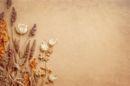 Autumn Dried Flowers on Retro Paper Texture Top View Mock Upの素材
