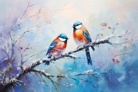 Two Colorful Birds Sitting on Winter Snowy Branch Acrylic Painting. Canvas Texture, Brush Strokes.の素材