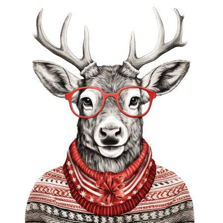 Deer in Black and White Wearing Red Glasses and Christmas Sweater Graphic Isolated on White Backgroundの素材