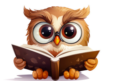 Cute Wise Owl Reading Book Graphic Isolated on White Backgroundの素材