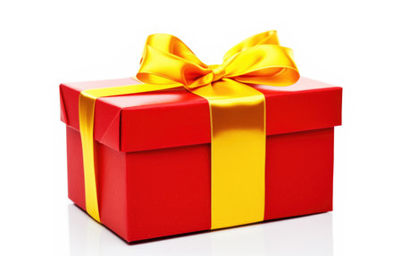 Red Gift Box with Yellow Bow on Whiteの素材