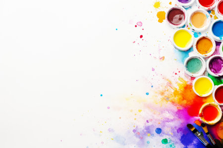 Brushes and Watercolor Colorful Paints at White Background. Flat Lay, Top View, Copy Spaceの素材