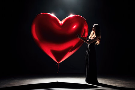Woman Holding Big Red Inflatable Ball in the Shape of the Heart, Back Lightの素材
