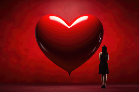 Woman Against Big Red Inflatable Ball in the Shape of the Heartの素材
