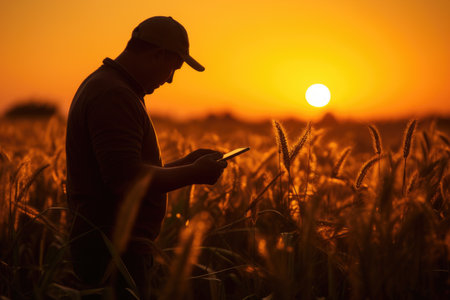 Silhouette of Farmer Examines Field with Tablet. Smart Farming, Digital Agricultureの素材