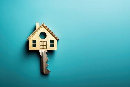 Key in the Shape of House on Blue Background with Copy Spaceの素材