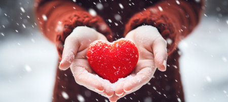 Woman Holding in Hands Red Heart in Winter Snowy Dayの素材
