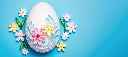 Easter Egg with Colorful Paper Flowers on Blue Background Bannerの素材
