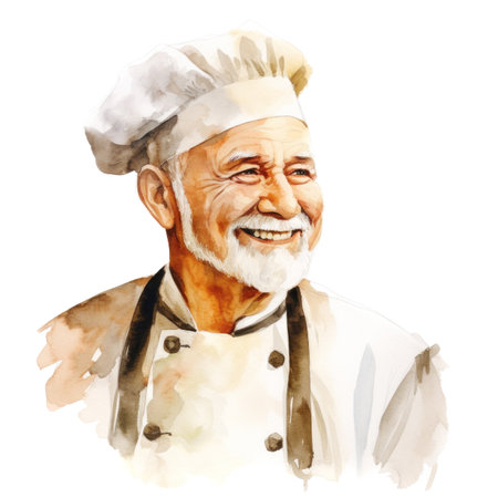 Watercolor Happy Smiling Chef Portrait Isolated on White Backgroundの素材