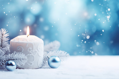 Christmas Winter Advent Candle on Blue Background with Magic Bokeh Lightsの素材