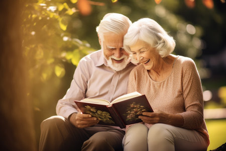 Elderly Smiling Couple Watching Photo Album Outsideの素材