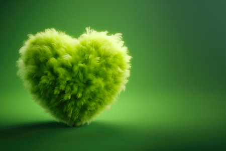 Fluffy Green Heart on Green Background with Copy Spaceの素材