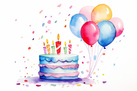 Watercolor Birthday Cake with Candles and Balloons. Birthday Celebrationの素材