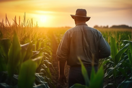 Rear View of Farmer in Corn Field Examining Crop at Sunsetの素材