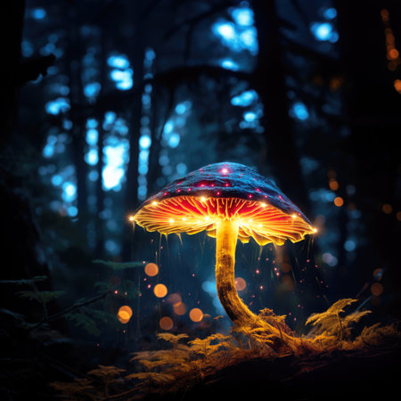 Glowing Magic Mushrooms in Dark Forest Copy Spaceの素材