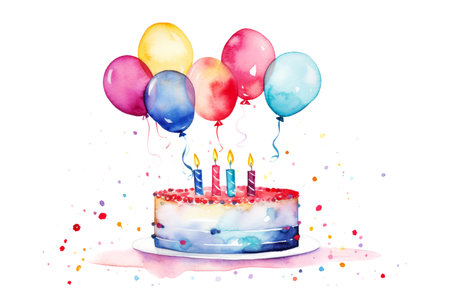 Watercolor Birthday Cake with Candles and Balloons. Birthday Celebrationの素材