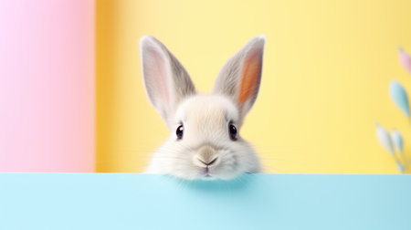 Easter Bunny Rabbit Looking Over Signboard on Pink, Blue and Yellow Background Bannerの素材