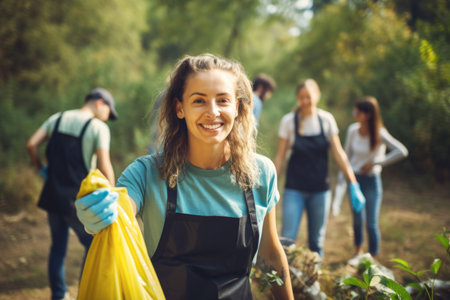 Young People Volunteer Collecting Trash in Forest. EcologyConceptの素材