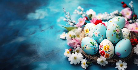 Easter Decorated Eggs on Blue Background with Copy Spaceの素材