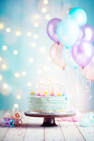 Birthday Cake with Candles and Colorful Balloonsの素材