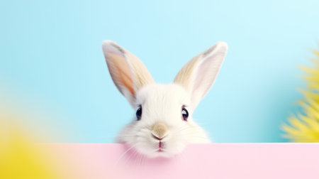 Easter Bunny Rabbit Looking Over Signboard on Pink and Blue Background Bannerの素材