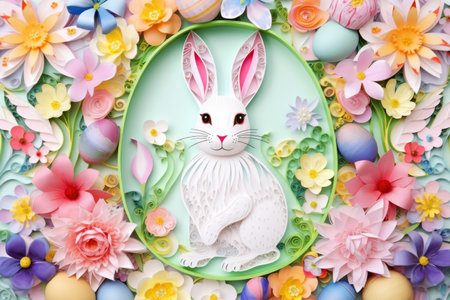 Easter Bunny Rabbit and Eggs with Colorful Paper Flowersの素材