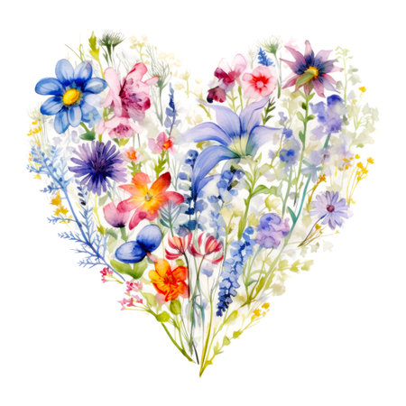 Watercolor Wild Meadow Flowers in Shape of Heart on White Backgroundの素材