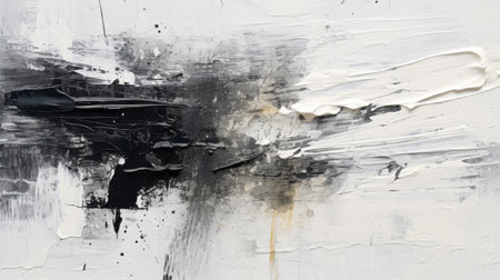 Black, White, Gray and Gold Abstract Modern Art Acrylic Canvas Painting. Brush Strokes Texture.の素材