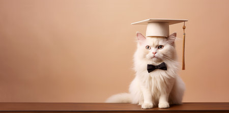 White Cat in Graduation Hat with Black Bow Tie on Beige Background Banner Copy Spaceの素材