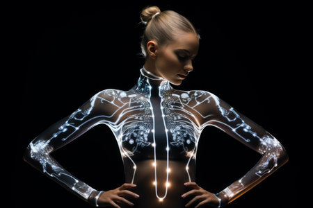 Woman Wearing Futuristic Technology Clothes on Black Backgroundの素材