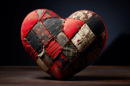 Stitched Textile Patchwork Heart on Dark Backgroundの素材
