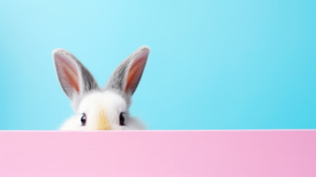 Easter Bunny Rabbit Looking Over Signboard on Pink and Blue Background Bannerの素材