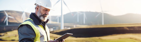 Man Working with Digital Tablet at Energy Wind Farm Banner. Eco and Technology Conceptの素材
