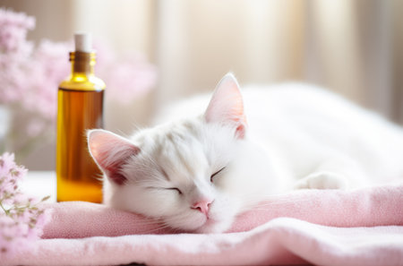 White Relaxed Cat Sleeping in Spa Interior on Pink Towel Between Flowers and Bottle of Aromatic Oilの素材