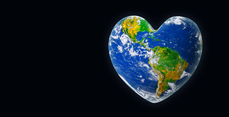 Earth in the Shape of a Heart, Ecology and Environment Concept on Black Backgroundの写真素材